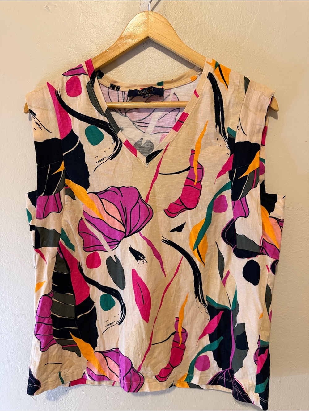 RACHEL Rachel Roy Cream Tank with Pink, Teal & Black Abstract Print